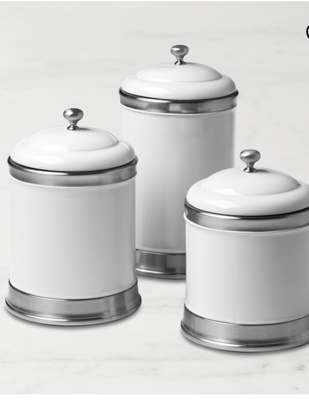Williams Sonoma White Ceramic Canister Set with Silver Accents Set of 3 NWOT